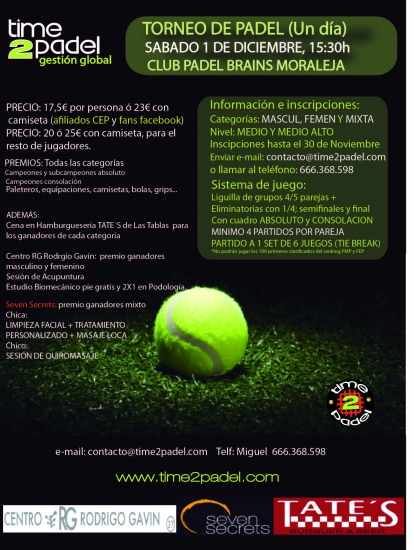 Torneo Pádel Sábado 1 Diciembre en Pádel Brains Moraleja (Masc,Fem y Mixta) 2 turnos: mañana y tarde| Noticias y novedades del mundo del pádel